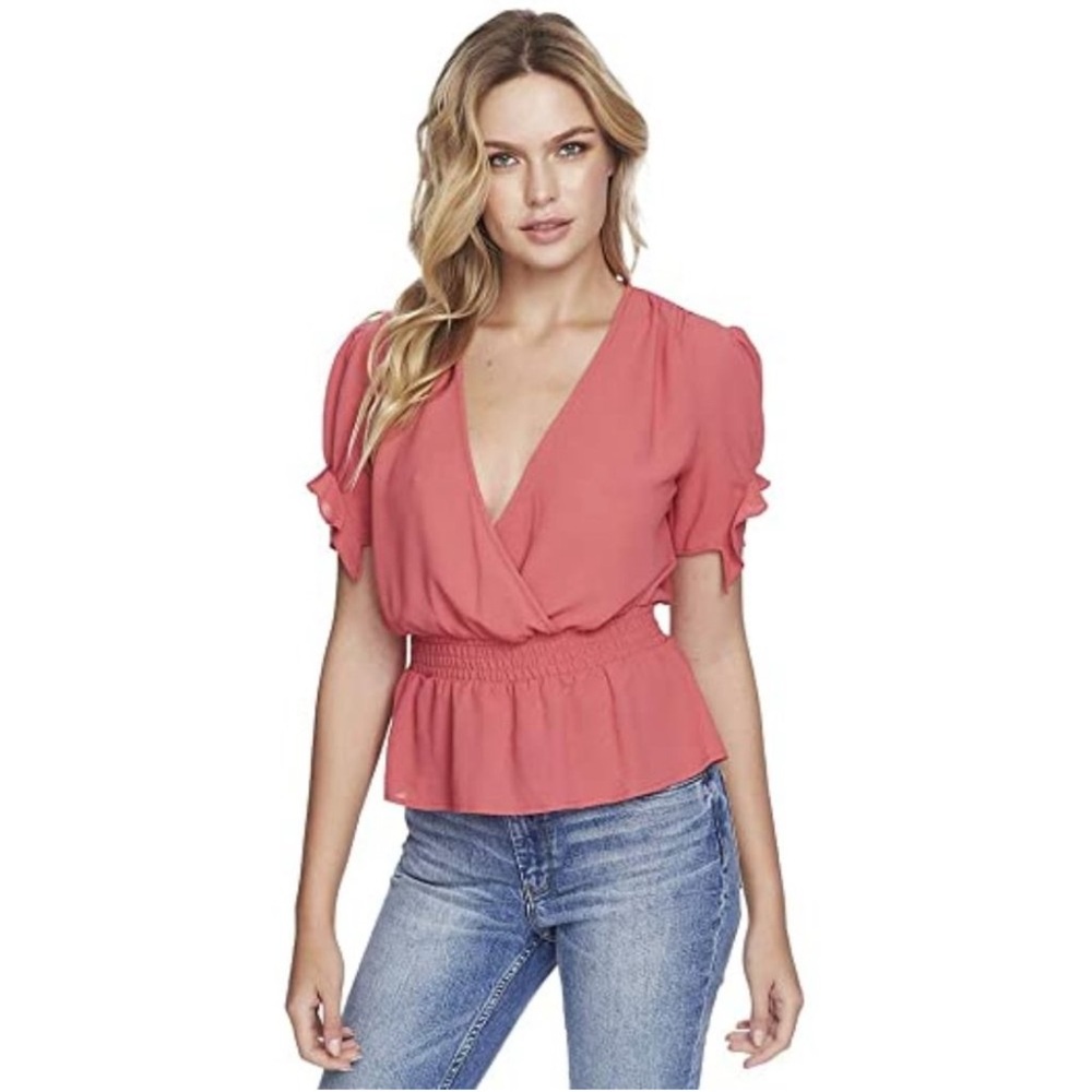 1. STATE Ruffle Sleeve Smocked Waist Blouse (M)